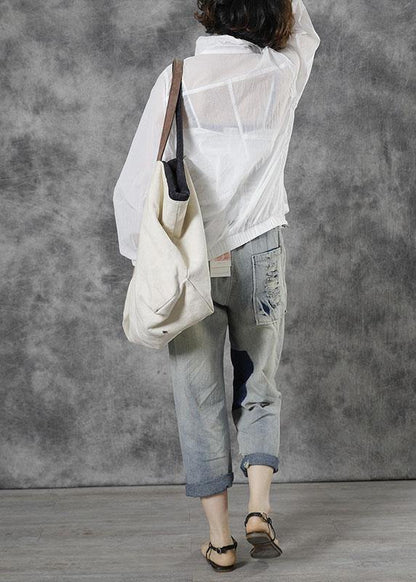 Italian White Loose Pockets Fall Tops Long Sleeve - SooLinen