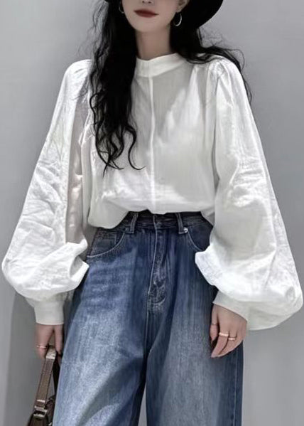 Italian White O-Neck Cotton Blouse Top Lantern Sleev