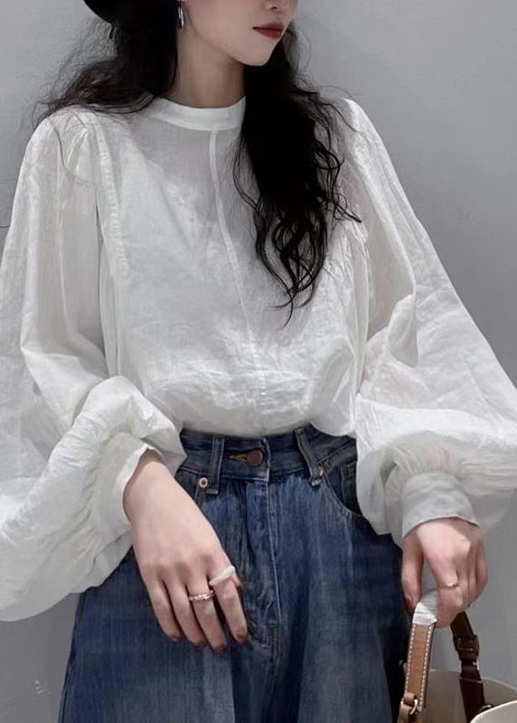 Italian White O-Neck Cotton Blouse Top Lantern Sleev