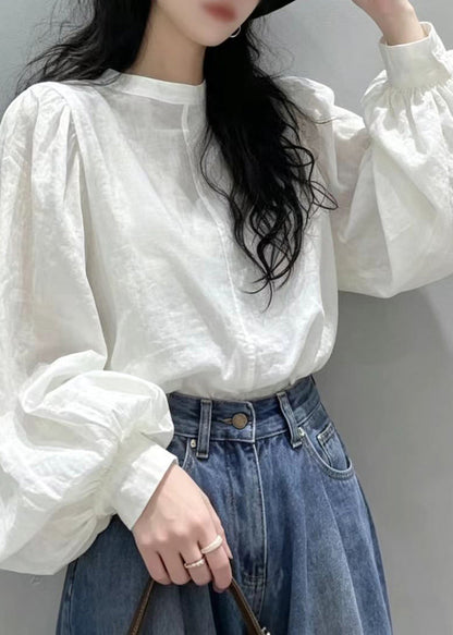 Italian White O-Neck Cotton Blouse Top Lantern Sleev