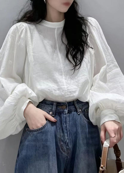 Italian White O-Neck Cotton Blouse Top Lantern Sleev