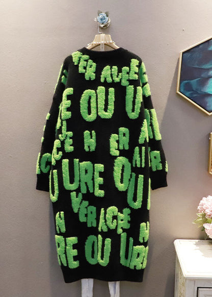 Italienischer weißer O-Ausschnitt übergroßer Jacquard-Langpullover mit Buchstaben