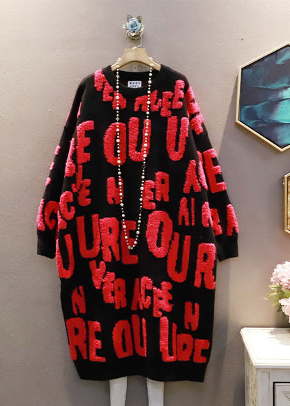 Italienischer weißer O-Ausschnitt übergroßer Jacquard-Langpullover mit Buchstaben