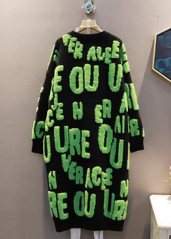 Italienischer weißer O-Ausschnitt übergroßer Jacquard-Langpullover mit Buchstaben