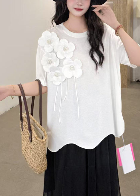 Italian White Oversized Floral Decorated Cotton Tank Summer