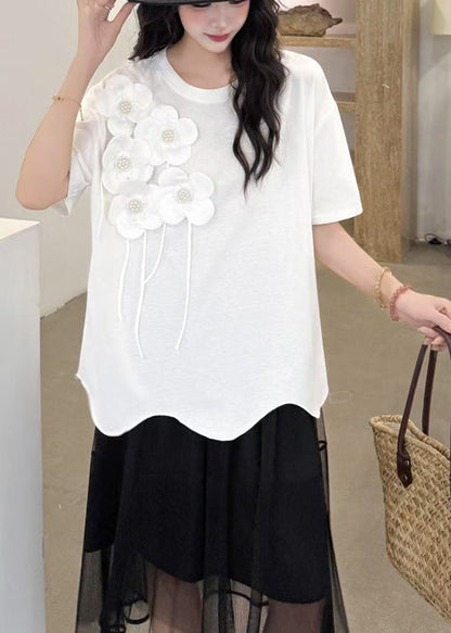 Italian White Oversized Floral Decorated Cotton Tank Summer