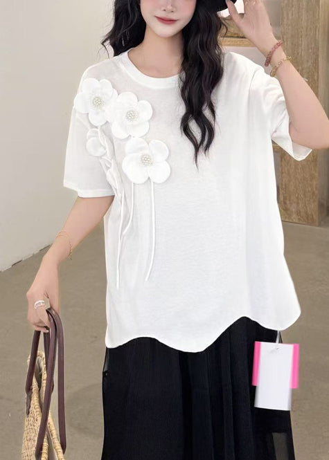 Italian White Oversized Floral Decorated Cotton Tank Summer