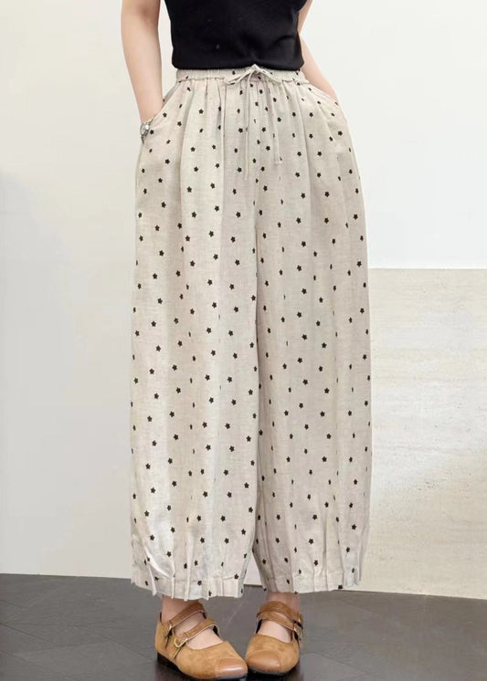 Italian White Oversized Print Linen Crop Pants Summer