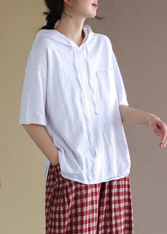 Top italiano de algodón con capucha y manga corta, con patchwork blanco