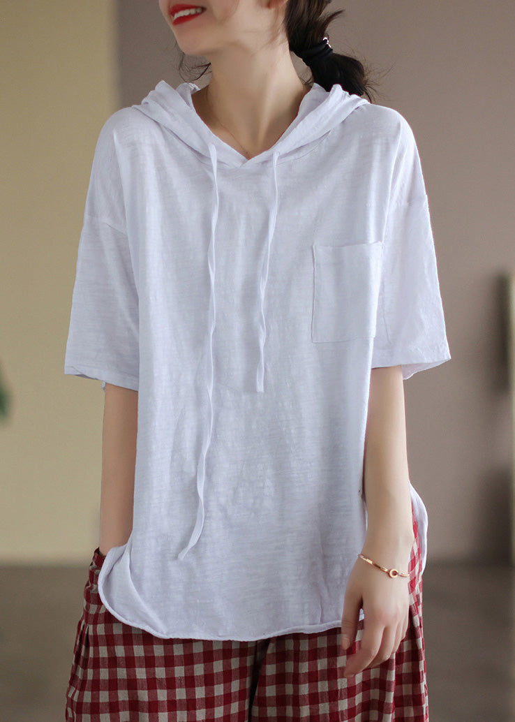 Top italiano de algodón con capucha y manga corta, con patchwork blanco