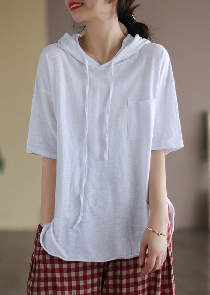 Top italiano de algodón con capucha y manga corta, con patchwork blanco
