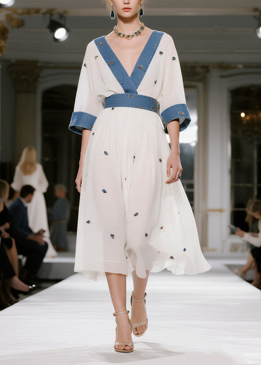 Italian White Patchwork Denim Print Chiffon Long Dresses Summer