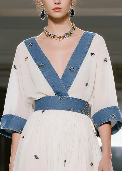 Italian White Patchwork Denim Print Chiffon Long Dresses Summer