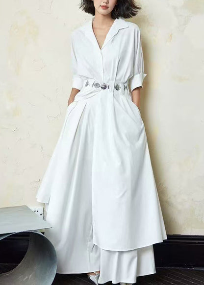 Italian White Peter Pan Collar Pockets Cotton Shirts Dresses Half Sleeve