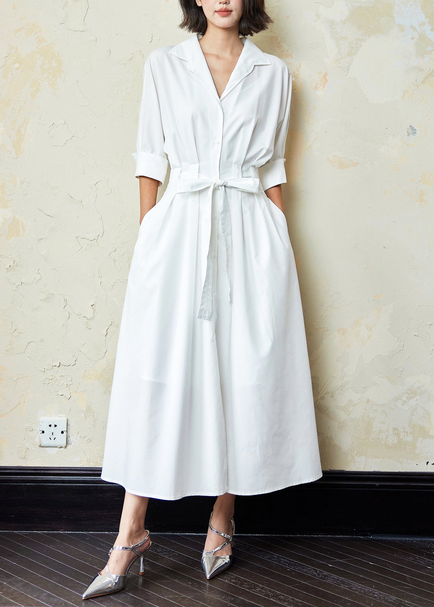 Italian White Peter Pan Collar Pockets Cotton Shirts Dresses Half Sleeve