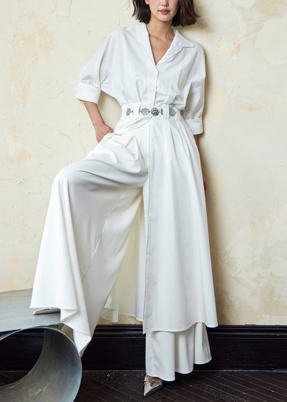 Italian White Peter Pan Collar Pockets Cotton Shirts Dresses Half Sleeve