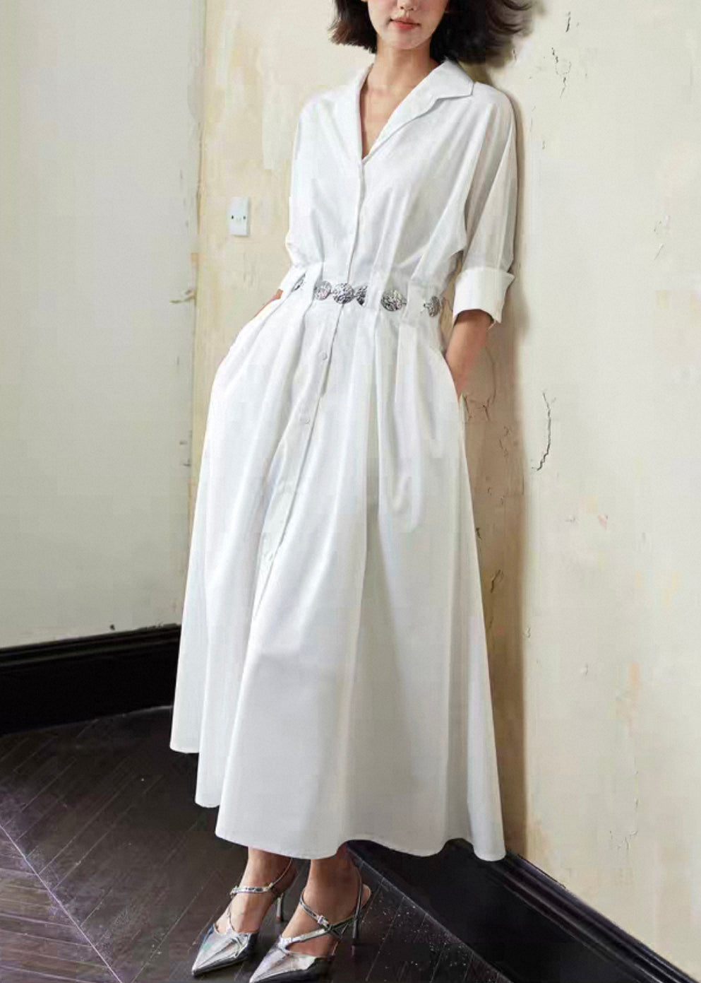 Italian White Peter Pan Collar Pockets Cotton Shirts Dresses Half Sleeve