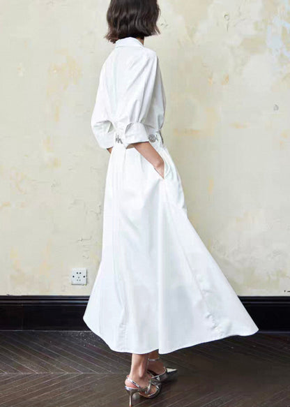 Italian White Peter Pan Collar Pockets Cotton Shirts Dresses Half Sleeve