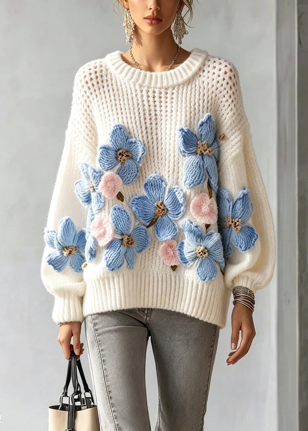 Italian White Print Cotton Knit Sweaters Fall