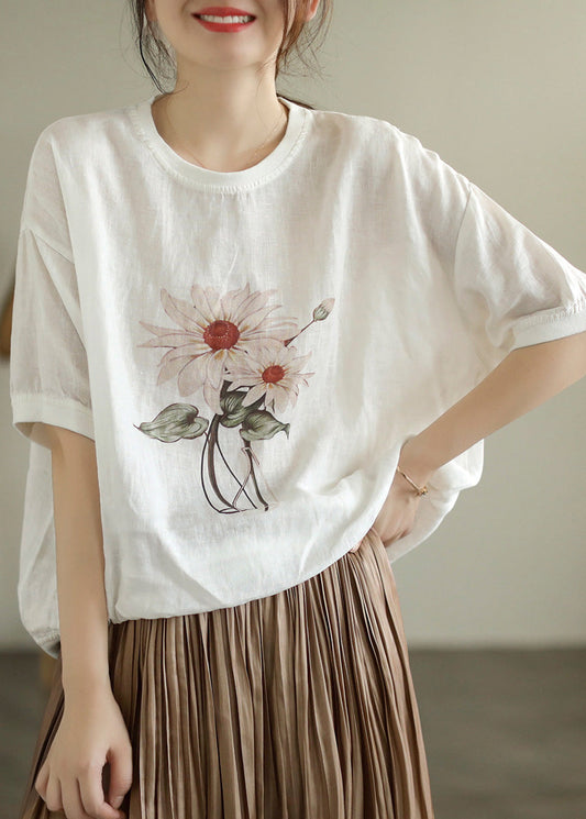 Italienisches Leinenoberteil mit weißem Aufdruck und kurzen Ärmeln