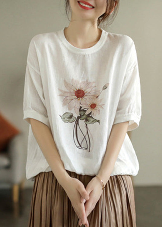 Italienisches Leinenoberteil mit weißem Aufdruck und kurzen Ärmeln