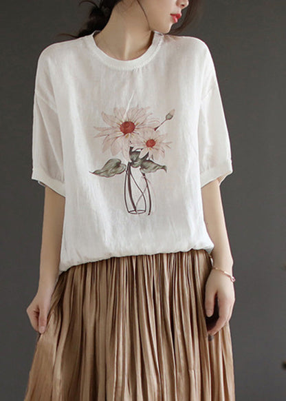 Italienisches Leinenoberteil mit weißem Aufdruck und kurzen Ärmeln