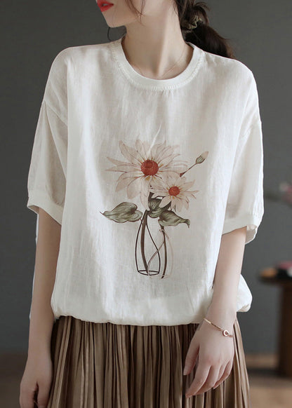 Italienisches Leinenoberteil mit weißem Aufdruck und kurzen Ärmeln