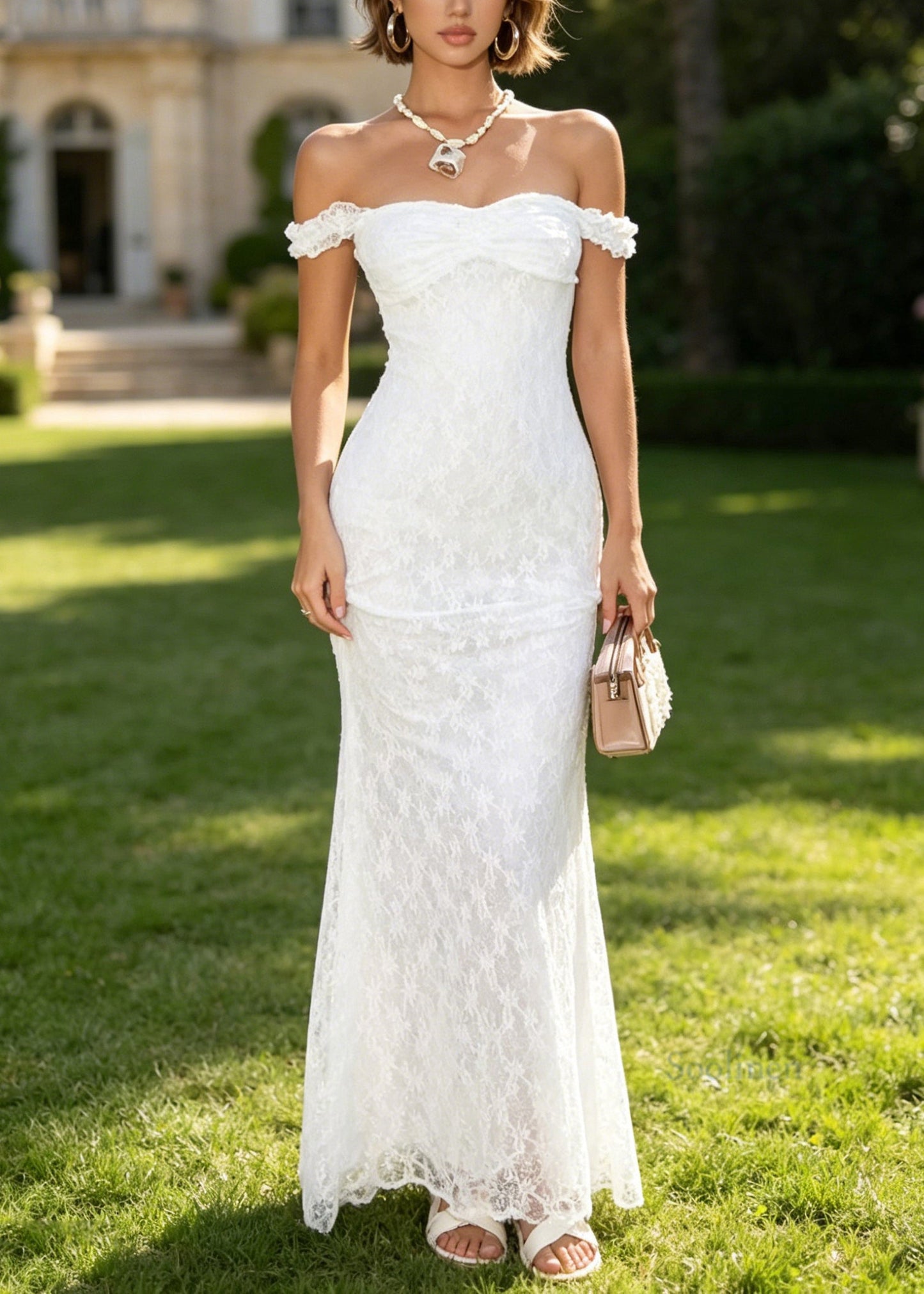 Italian White Ruffled Lace Wrap Slim Spaghetti Strap Dress Summer