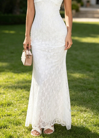 Italian White Ruffled Lace Wrap Slim Spaghetti Strap Dress Summer