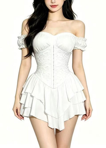 Italian White Slash Neck Layered Chiffon Mini Dress Summer