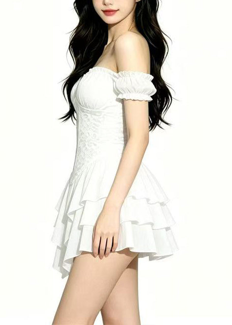 Italian White Slash Neck Layered Chiffon Mini Dress Summer