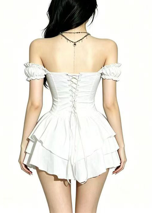 Italian White Slash Neck Layered Chiffon Mini Dress Summer