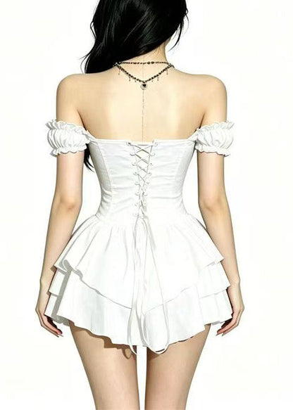 Italian White Slash Neck Layered Chiffon Mini Dress Summer