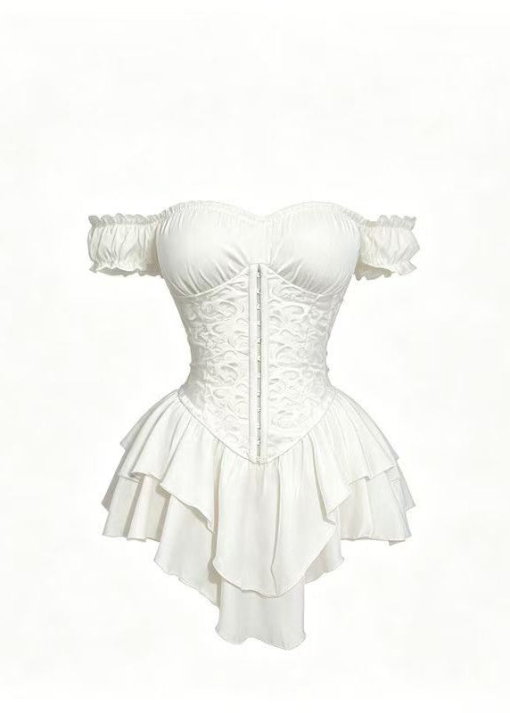 Italian White Slash Neck Layered Chiffon Mini Dress Summer