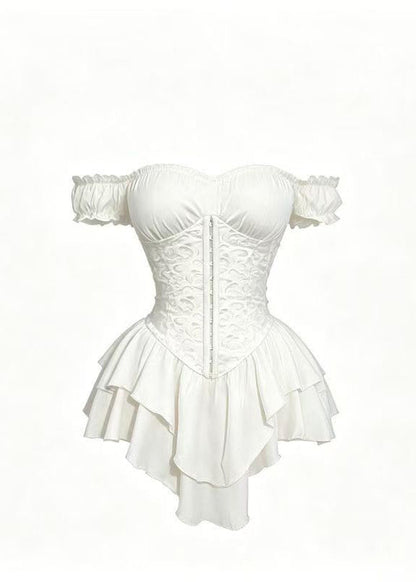 Italian White Slash Neck Layered Chiffon Mini Dress Summer