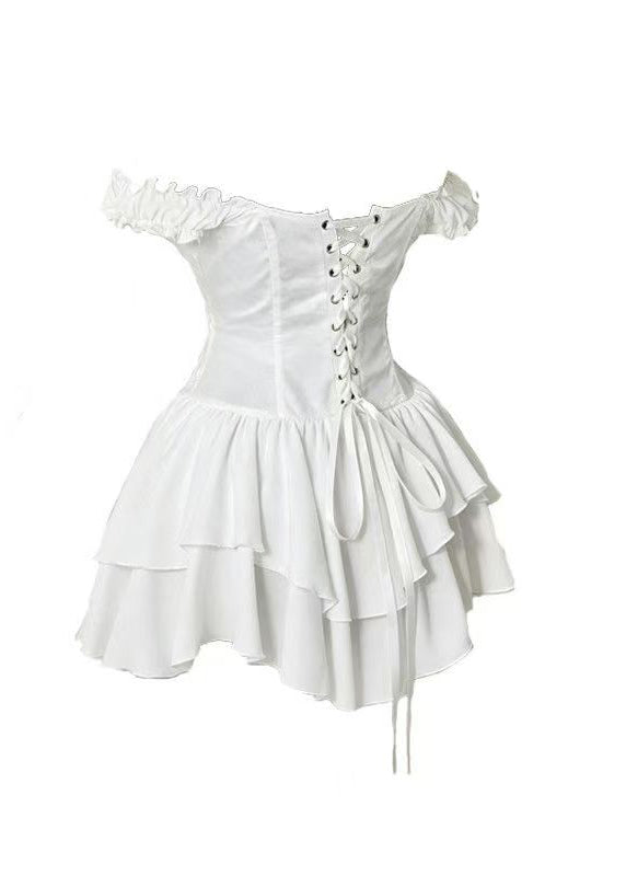Italian White Slash Neck Layered Chiffon Mini Dress Summer