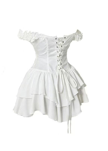 Italian White Slash Neck Layered Chiffon Mini Dress Summer