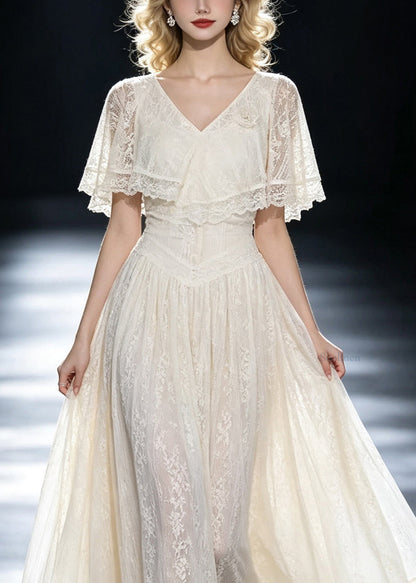 Italian White V Neck Flattering Lace Long Dresses Summer