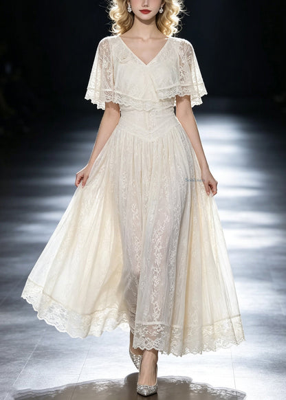 Italian White V Neck Flattering Lace Long Dresses Summer