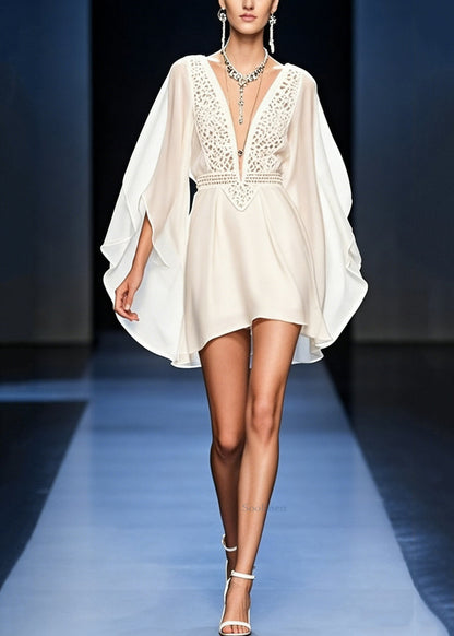 Italian White V Neck Hollow Out Chiffon Mid Dress Batwing Sleeve