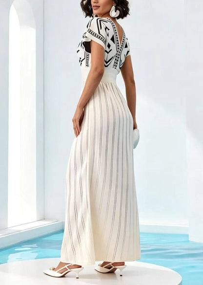 Italian White V Neck Print Knit Long Dresses Short Sleeve