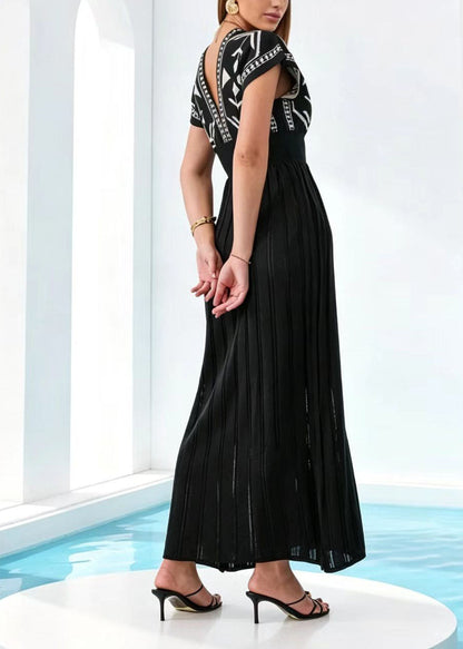 Italian White V Neck Print Knit Long Dresses Short Sleeve