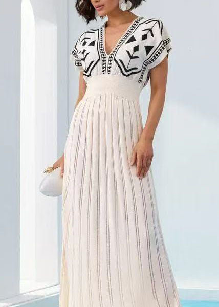 Italian White V Neck Print Knit Long Dresses Short Sleeve