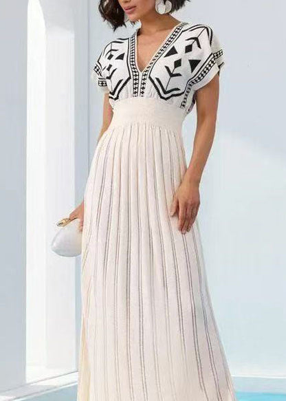 Italian White V Neck Print Knit Long Dresses Short Sleeve