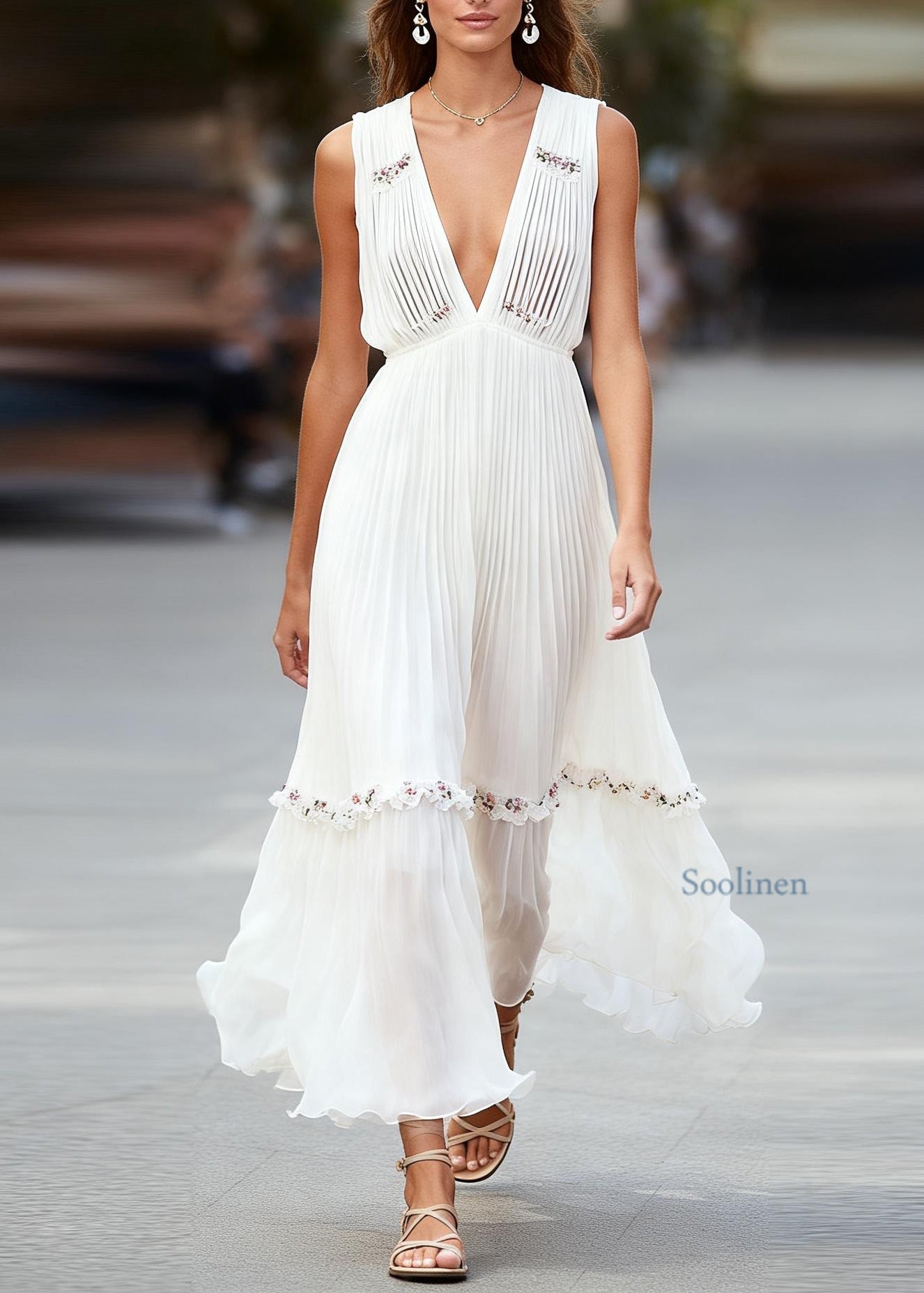 Italian White V Neck Ruffled Patchwork Chiffon Maxi Dresses Sleeveless