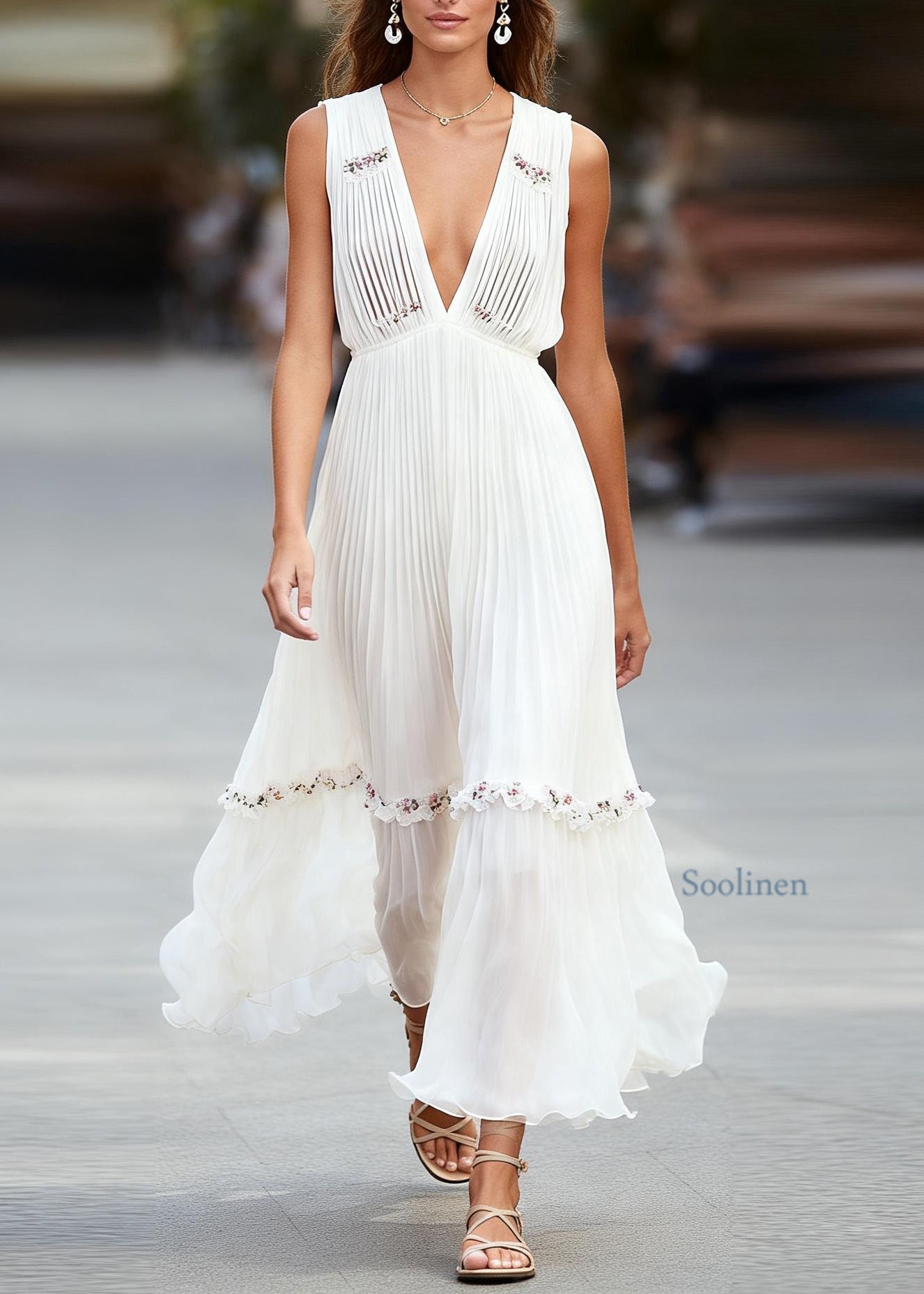 Italian White V Neck Ruffled Patchwork Chiffon Maxi Dresses Sleeveless