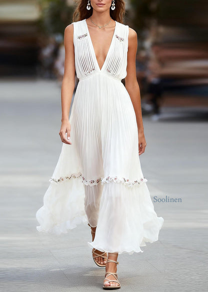 Italian White V Neck Ruffled Patchwork Chiffon Maxi Dresses Sleeveless