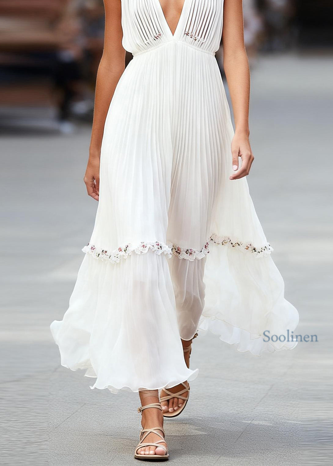 Italian White V Neck Ruffled Patchwork Chiffon Maxi Dresses Sleeveless