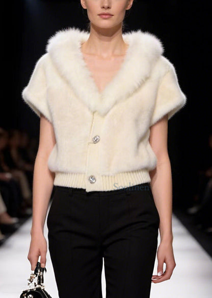 Italian White V-Neck Warm Faux Fur Coat Short Sleeve