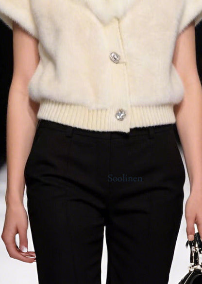 Italian White V-Neck Warm Faux Fur Coat Short Sleeve